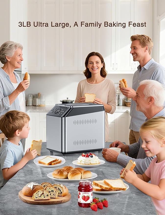 KBS 3LB Programmable Bread Maker,20-in-1 Automatic Bread Machine with Ceramic Pan & Fruit Dispenser, 850W Dual Heaters Bread Maker Machine with Quiet Brushless Motor,Stainless Steel,15H Timer,3 Colors