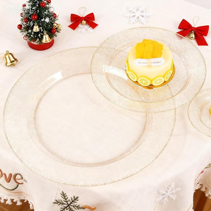 WDF 200PCS Gold Plastic Plates - Gold Glitter Plastic Plates - Heavy Duty Gold Glitter Disposable Plates - Include 100 Dinner Plates 10" and 100 Dessert Plate 7" for Thanksgiving Parties/Wedding