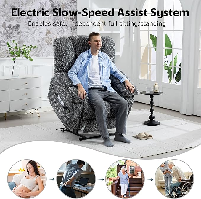 Big Man Recliner 500lbs Power Lift Recliner Chair for Big Tall Elderly Adults Oversized Lay Flat Lift Recliner with Extended Footrest,Heat Massage,Flip Arm Storage Cup Holders,USB Type C