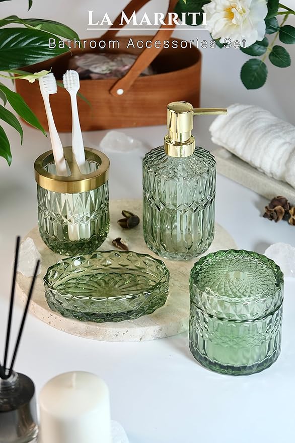 4pcs Glass Bathroom Accessories Set, Clear Green Bathroom Sets, Soap Dispenser, Toothbrush Holder, Soap Dish, Qtips Holder Set for Crystal Vintage Bathroom Decor, Gift Set (Green)