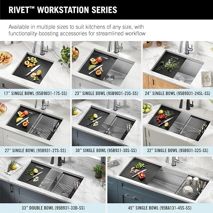 DELTA FAUCET Rivet 23-inch Workstation Kitchen Sink Undermount 16 Gauge Stainless Steel Single Bowl with WorkFlow Ledge and Kit of 5 Accessories, 95B9031-23S-SS