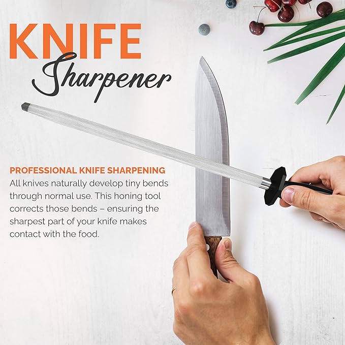 Utopia Kitchen Knife Sharpener Rod 12 Inch, Professional Honing Rod for Knife Sharpening with Hanging Hook, Black