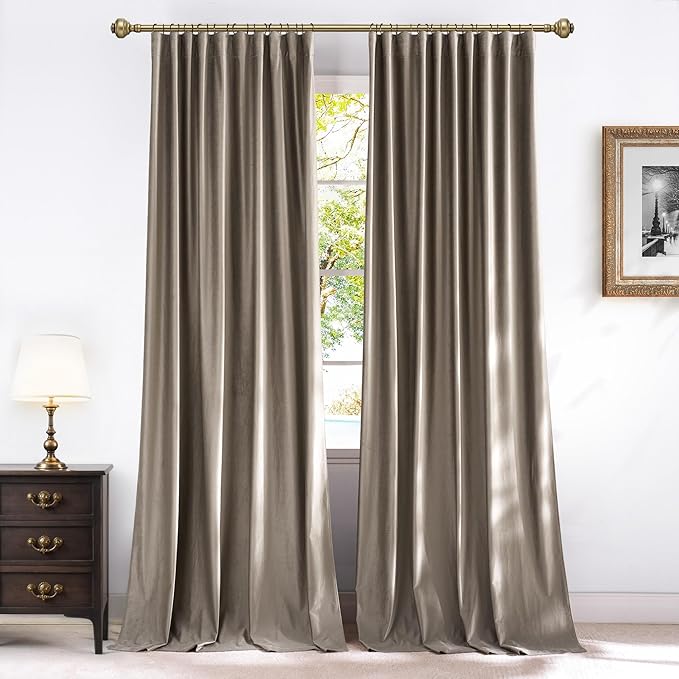 NICETOWN Taupe Blackout Velvet Curtains for School 84 inch Long 2 Panels 52" Width, Pleat Tape with Back Tab Room Darkening Thermal Insulated Privacy Protection Modern Drapes for Living Room, Bedroom