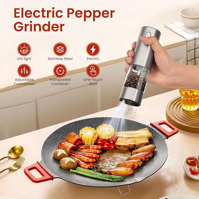 Electric Salt and Pepper Grinder Rechargeable with Light, Electric Salt and Pepper Shakers, Automatic & Adjustable Coarseness, Kitchen Gadgets, Stainless Steel