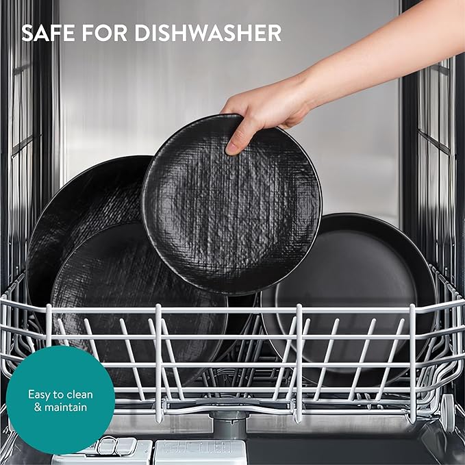 Navaris Linen Artisan Stoneware Dinnerware Set (18 Pieces) - Dishwasher & Microwave Safe Plates & Bowls for 6 with Dinner, Side Plates & Pasta Bowls - Charcoal Black