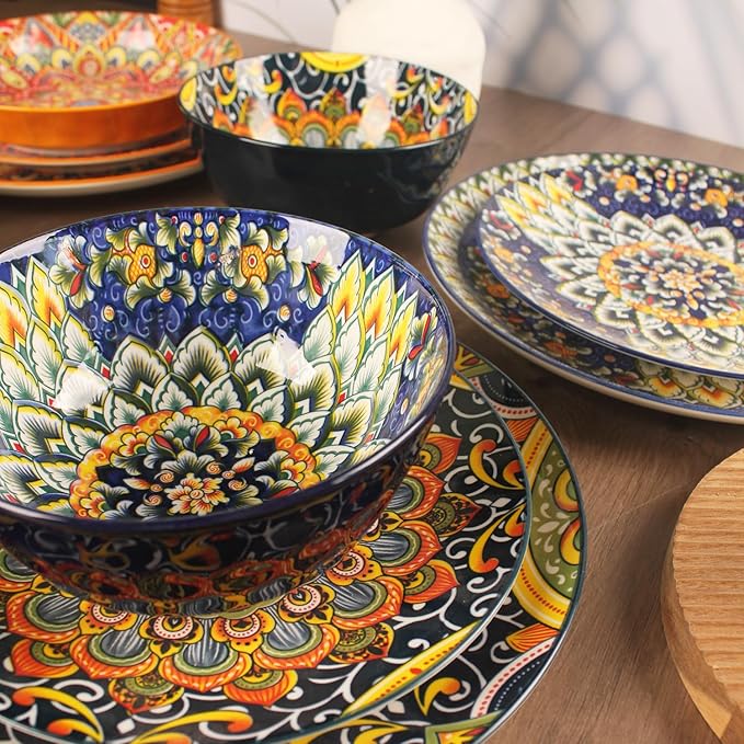 Mandala Dinnerware Sets (16 PCS) Serves for 4, Porcelain Dishes Set, Microwave and Dishwasher Safe, Scratch Resistant, Bohemian Style Dining Ware Service for 4, Colorful No.1