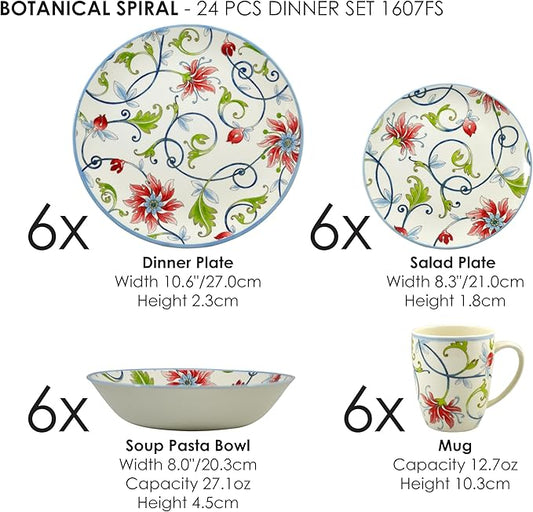 Tudor Royal Collection 24-Piece Round Dinnerware Set, Service for 6, Botanical Design, Summer Flowers, Plates Bowls Mugs Dishes, High-Gloss Premium Quality
