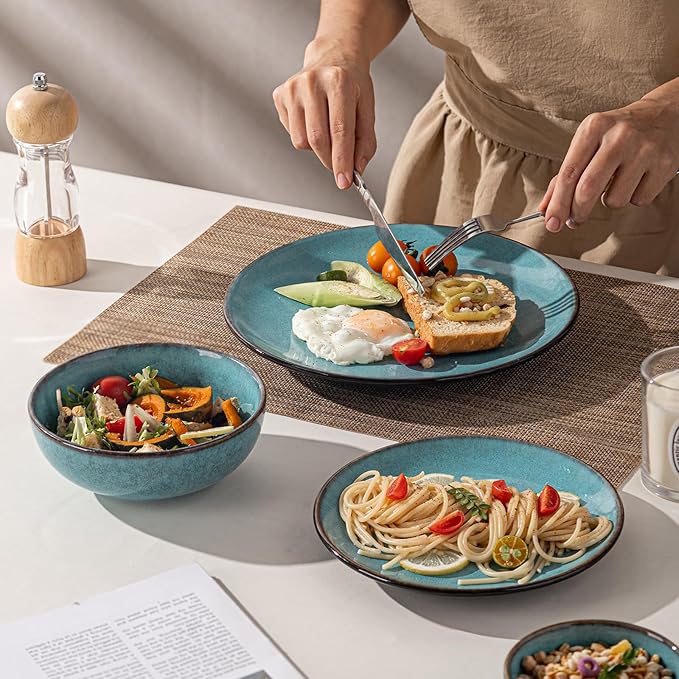 24 Piece Dinnerware Sets for 6， Scratch Resistant,microwave oven and Dishwasher Safe Plates and Bowls Sets Ceramic, Dish Set, Bowl and Plate Set -Kiln turned sea blue