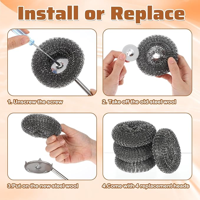 8 Pack Stainless Steel Scrubber with Handle Brush Set, 1 Long Brushes,2 Short Brushes,4 Wire Sponge Pads,1 Screwdriver for Cleaning Pots, Pans, Grills, BBQ, Dishes and Sink, Home Cooks