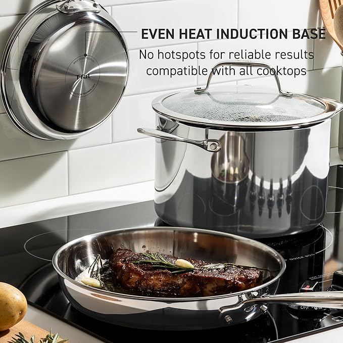 T-Fal Pro Tri-Ply Stainless Steel Cookware Set, 10 Piece-Induction Compatible, Oven Safe 500F, Lids-350F, Even Heat, Professional Quality, Durable, Induction Pots and Pans Set, Silver