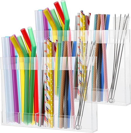 9.8" Large Acrylic Straw Holder for Cabinet Door with Ultra Sticky Double Sided Adhesive Tape, Reusable Straws Organizer, Transparent Storage Dispenser for Kitchen Counter Cupboard (2 Pcs)