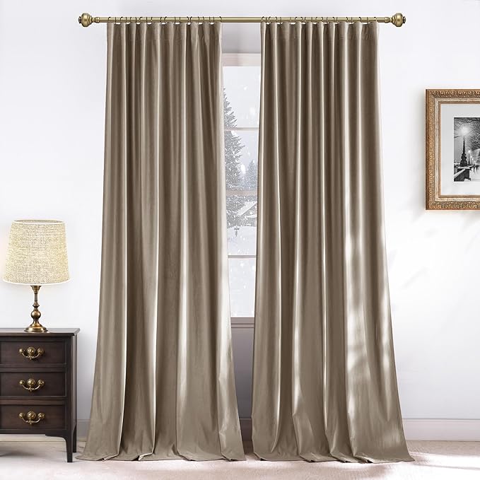NICETOWN Camel Room Darkening Velvet Curtains 120 inch Long, Warm and Classic Modern Style Home Decor Rod Pocket for Living Room and Apartment, Set of 2, 52" Width