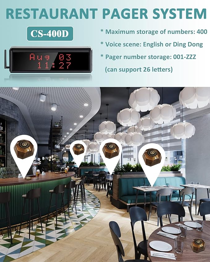 Restaurant Pager System 1600+ Feet Wireless Calling System with 1 Display Screen/1 Remote Control/15 Call Buttons for Restaurant Customer Service (400D+X1-15)
