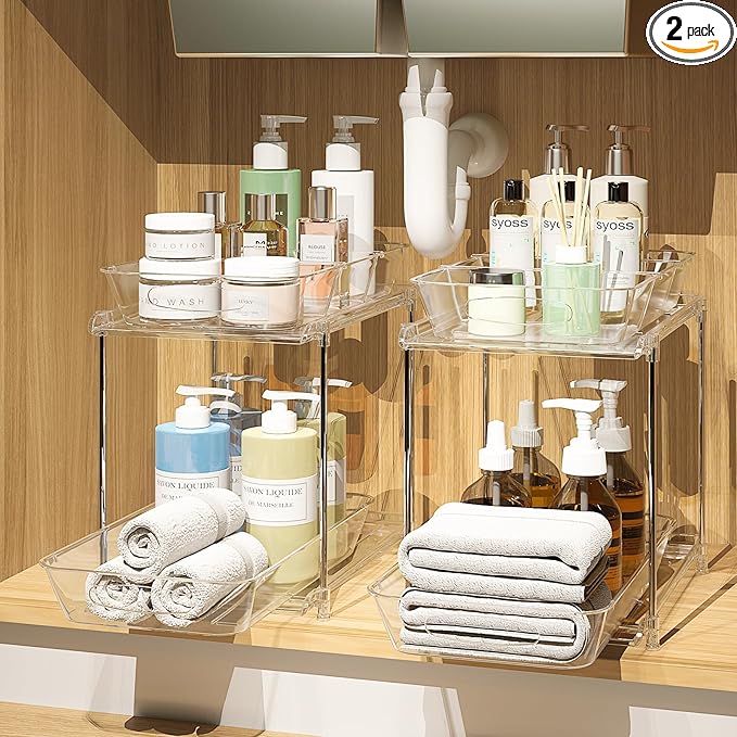 2 Sets of Under Bathroom Sink Organizer, 2-Tier Multi-Purpose Clear Medicine Cabinet Organizer, Pull Out Home Organization Must Haves 2025 with Movable Dividers