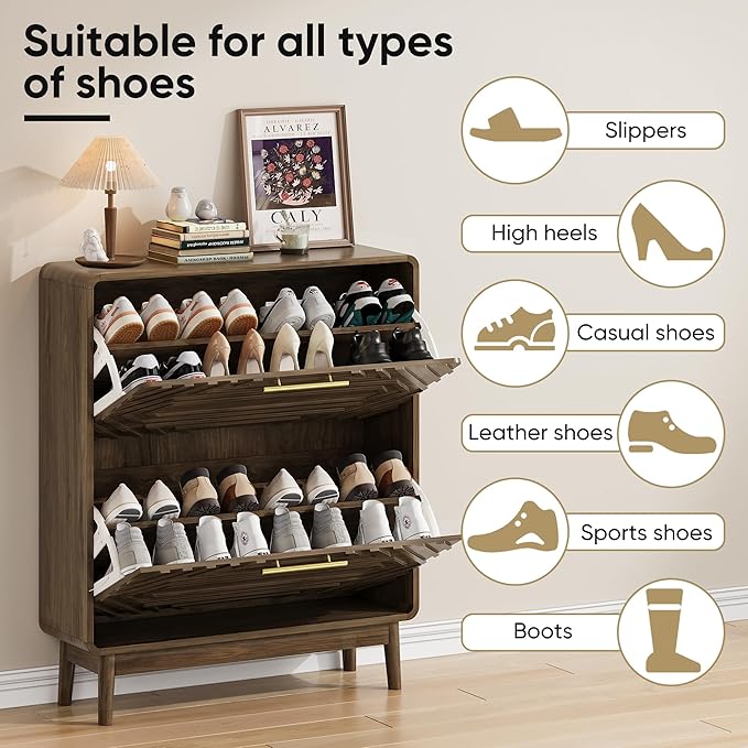 Vibe & Dine Modern Shoe Cabinet with 2 Flip Drawers, Shoe Storage Organizer for Entryway Slim, Freestanding Wood Shoe Rack Cabinet for Hallway, Bedroom, Living Room, Black Walnut