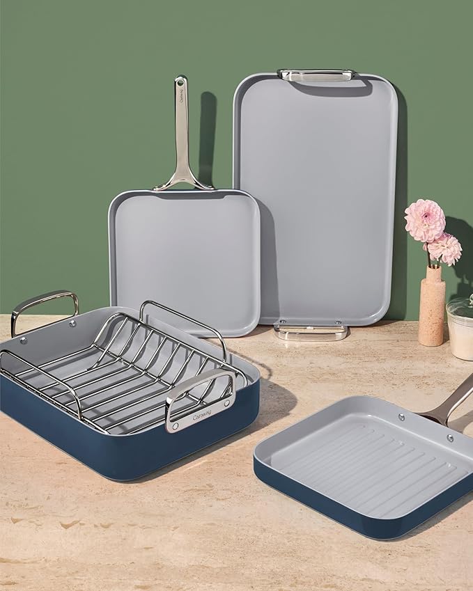 Caraway Square Cookware Set - Square Pans Set - Perfect for Griddling, Toasting, Searing, Roasting, and More - Non-Stick Ceramic Coated Pans - Non Toxic, PTFE & PFOA Free - Sage