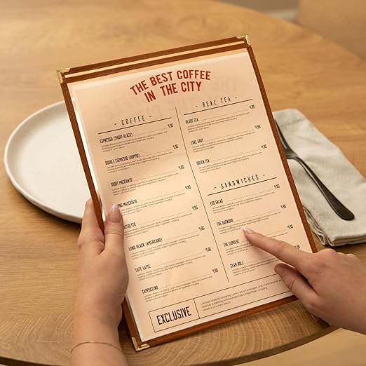 Ilyapa Saddle Brown 30 Pack of Menu Covers 8.5 x 11 Inch - Single Page, 2 View Restaurant Menu Covers, Double Stitched Sleeves, Vegan Faux Leather