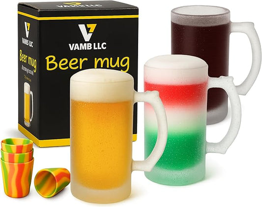 Beer Mugs for Freezer 8 Piece Set, 4 Heavy Beer Stein with Handle & 4 Plastic Shot Glasses Set for Men, 16 oz Mugs, Party Gift Set