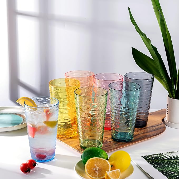 14-ounce and 20-ounce Plastic Tumblers, Acrylic Drinking Glasses, set of 8 Multicolor Reusable Plastic Cups, Stackable, BPA-Free, Shatter-Proof, Dishwasher-Safe