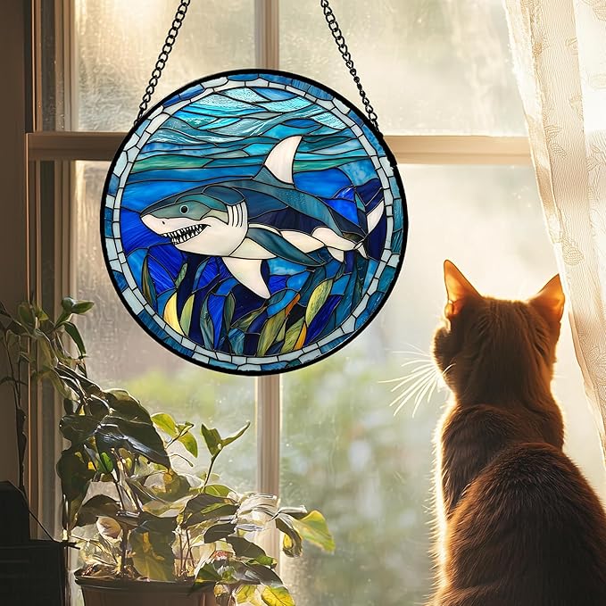 Stained Glass Suncatcher, Blue Ocean Big Shark Sun Catcher Waterweed Stain Glass Window Hanging Decoration Mother's Day Birthday Gifts for Women Men Mom Nana 15 in