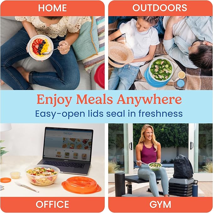 Bentgo Easyboxes Salad-to-Go Containers - 8-Piece Set: 4 Bowls, Leak-Proof Dressing Cups Built-In & 4 Fitted Lids Seal in Freshness; Reusable/BPA-Free for Salad, Pasta, & Cereal (Classic)