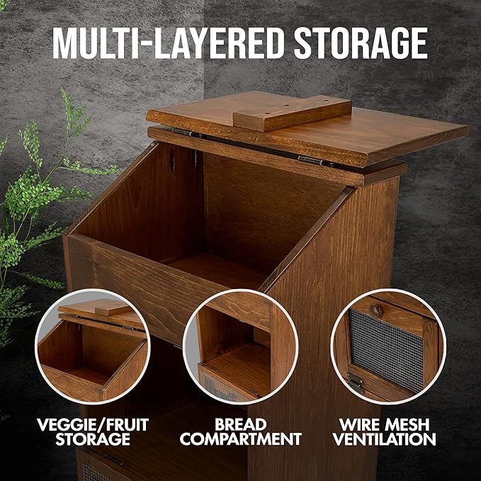 Peaceful Classics Potato Storage Wood Box, Wooden Bread Storage Bins, Decorative Potato Onion Storage Bin, Potato Bin w/Grocery Section, Wooden Vegetable Storage w/Lid Kitchen Pantry, Cherry KS302C