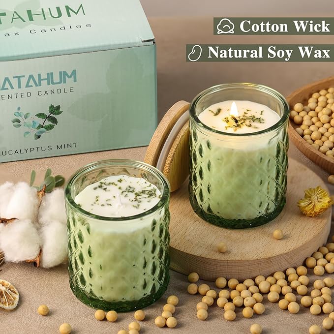 2 Pack Eucalyptus & Mint Scented Candles for Home Decor, 6.5oz Natural Soy Wax Aromatherapy Jar Candles, Housewarming Gift for Women