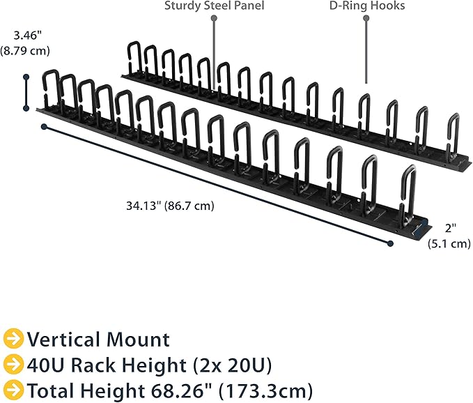 StarTech.com Vertical 40U Server Rack Cable Management w/ D-Ring Hooks - 40U Network Rack Cord Manager Panels - 2x 3ft Wire Organizers (CMVER40UD)