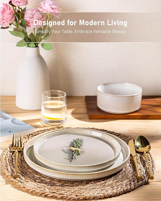 GBHOME Stoneware Dinnerware Sets for 4,Round Reactive Glaze Ceramic Plates and Bowls Set,Highly Scratch Resistant | Dishwasher & Microwave Safe Dishes Set,Service for 4(12Pcs),Vanilla White