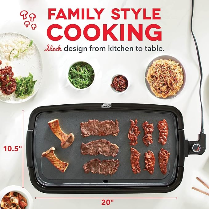 DASH Deluxe Everyday Electric Griddle with Dishwasher Safe Removable Nonstick Cooking Plate for Pancakes, Burgers, Eggs and more, Includes Drip Tray + Recipe Book, 20” x 10.5”, 1500-Watt - Grey