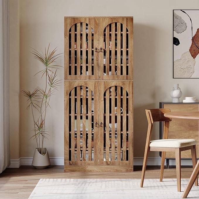 Tribesigns 70.86" Tall Kitchen Pantry Cabinet, Farmhouse Storage Cabinet with 4 Slatted Doors and 9 Storage Shelves, Rustic Wooden Cupboard for Kitchen, Dining Room, Living Room, Brown