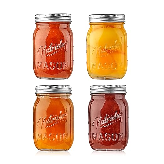 NutriChef 4-Pack 16 oz Mason Jars with Lids - Thick Glass Canning Jars with Stainless Steel Lids - Ideal for DIY Spices, Meal Prep, Overnight Oats, Jelly, Jam, Honey, Candles, Crafts, & More