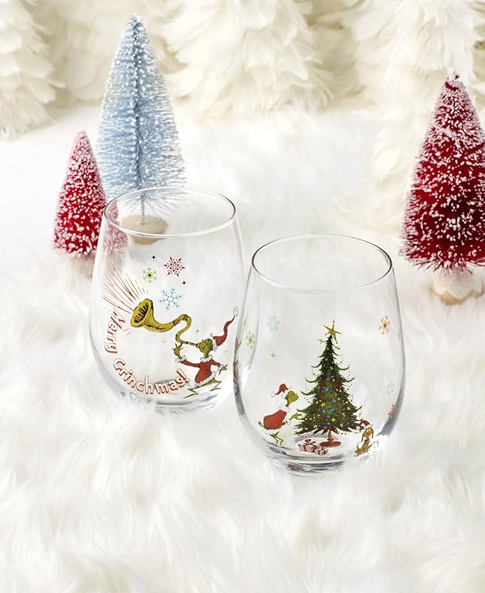 Lenox 896895 Merry Grinchmas Glass Tumblers, Set of 4, Assorted, Christmas Drinkware, Holiday Hosting