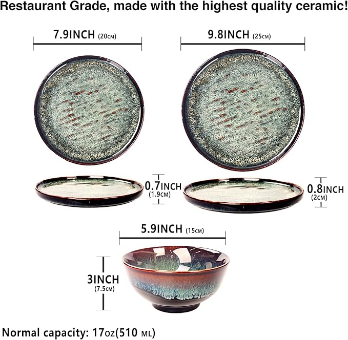 Dinner Set 12 Pieces - Round Reactive Glaze Tableware - Kitchen Dinnerware Porcelain Crockery with Dinner Plate, Bowl and Soup Plate Service for 4, Microwave Dishwasher Safe, Set (No.3)