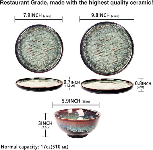 Dinner Set 12 Pieces - Round Reactive Glaze Tableware - Kitchen Dinnerware Porcelain Crockery with Dinner Plate, Bowl and Soup Plate Service for 4, Microwave Dishwasher Safe, Set (No.3)