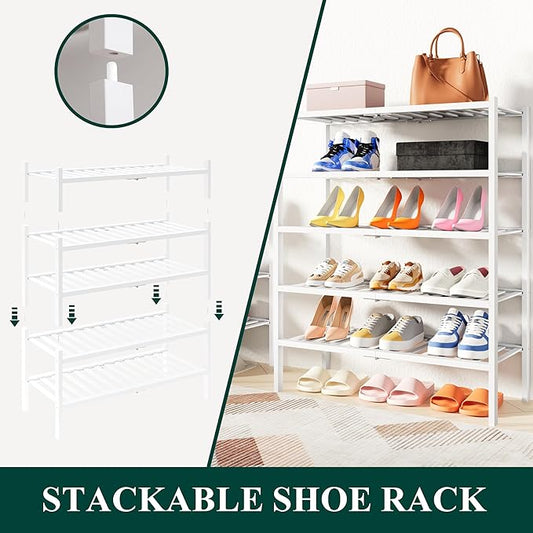 Smiry Shoe Rack, 6 Tier Thick Small Bamboo Shoe Organizer, Stackable Free Standing Wooden Shoe Storage Shelf for Closet, Entryway, Front Door Entrance, White