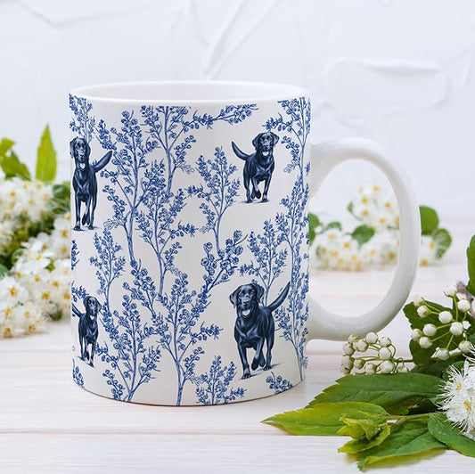 Black Lab Blue French Toile Coffee Mug, Labrador Lover Gifts for Women, Blue Toile Coffee Cup for Black Lab Mom, Pet Dog Lovers Tea Coffee Mug Birthday Gifts for Dog Owners, 15 oz