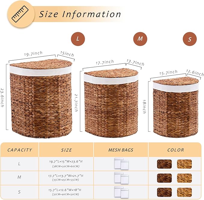 Water Hyacinth Laundry Hamper with lid, Half Moon Shape with 2 Removable Cloth Bags, Handwoven Boho Wicker Basket for Laundry Organization, Espresso