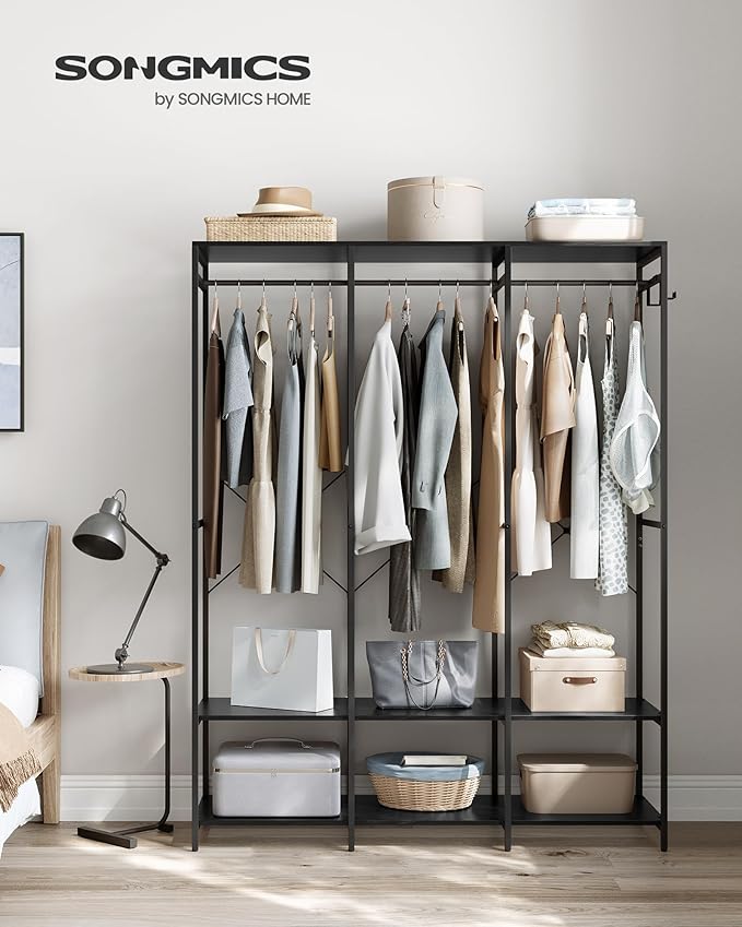 SONGMICS Clothes Rack, Iron and Wood Wardrobe Closet Organizer, Heavy Duty Garment Rack with Hanging Rods, Closet Shelves, Removable Hooks, 15.7 x 55.5 x 70.9 Inches, Ebony Black URGR005B56