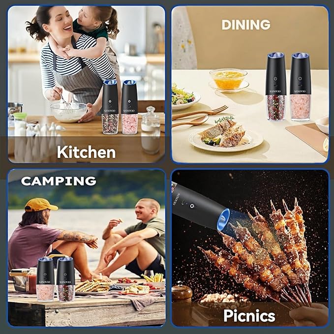 Gravity Electric Salt and Pepper Grinder Set,USB-C Rechargeable, No Battery Needed,One-Touch Automatic Shakers, Adjustable Coarseness, Kitchen Utensils for Dining Cooking(Black，2 Pack)