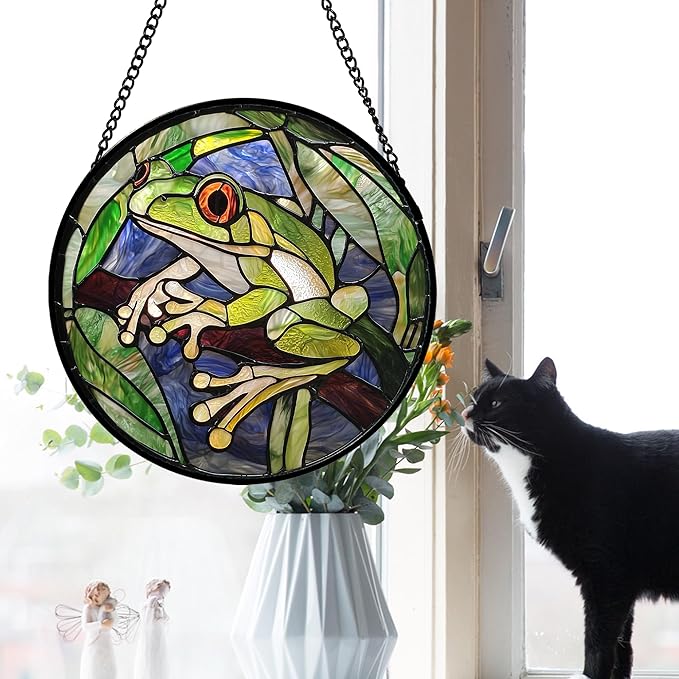 Stained Glass Window Hanging, Teal Frog Sun Catcher for Door Home Decor Green Suncatcher Christmas Mother's Day Birthday Gifts for Women Men Mom and Nana 7.8 in