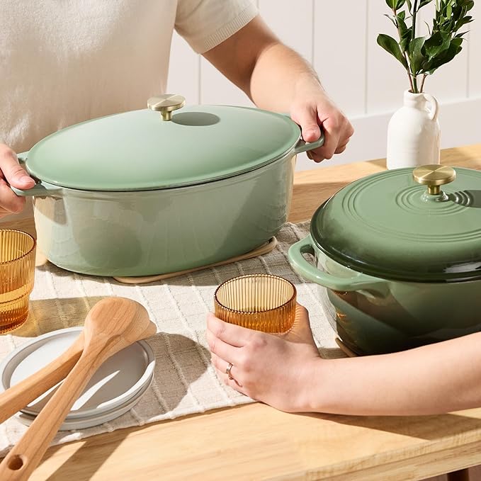 Best Choice Products Oval 7.5 Quart Enamel Cast-Iron Dutch Oven, Heavy-Duty Pre-Seasoned for Baking, Cooking w/Side Handles – Sage Green