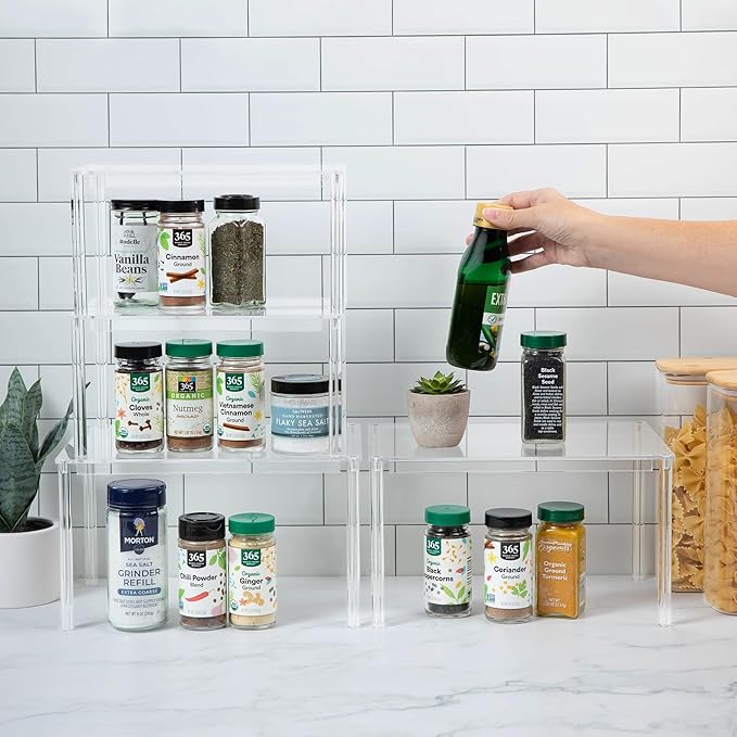 Acrylic Cabinet Shelf Organizer Set of 4 Spice Rack, Desk, Countertop Shelf, Bathroom, Pantry, Kitchen Storage, Refrigerator and Organization Stackable Shelves
