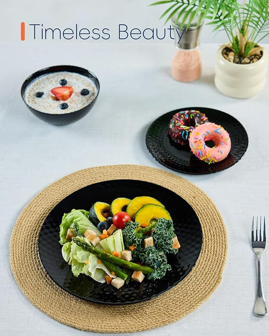Dinnerware Sets for 4, Light & Durable 12 Pieces Opal Glass Plates and Bowls Set, Dishwasher and Microwave Safe Ribbed Dish Dinning Ware, Thin but Strong Geometric Faceted Black
