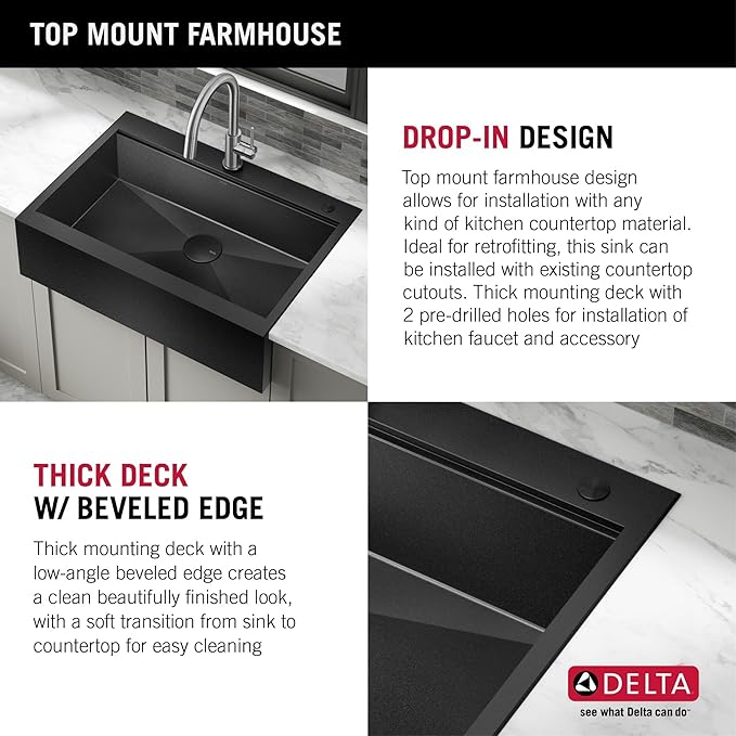 DELTA FAUCET Rivet 30 Inch Black Stainless Steel Retrofit Farmhouse Apron Front 16 Gauge Workstation Kitchen Sink/PVD Gunmetal Finish w/ Accessories for Top Mount Drop-In Installation,95D9031-T30S-GS