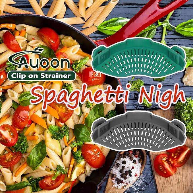 AUOON Clip On Strainer Silicone for All Pots and Pans, Pasta Strainer Clip on Food Strainer for Meat Vegetables Fruit Silicone Kitchen Colander (Sea Blue)