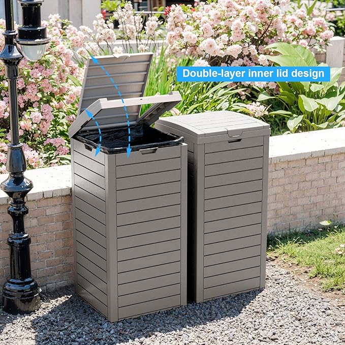 Outdoor Trash Can with Lid, Outdoor Trash Bin & Pull-Out Liquid Drawer, Dual Lid Closure Design, Waterproof Resin Garbage Can Container for Patio, Backyard, Deck (Grey, 38 Gallon)