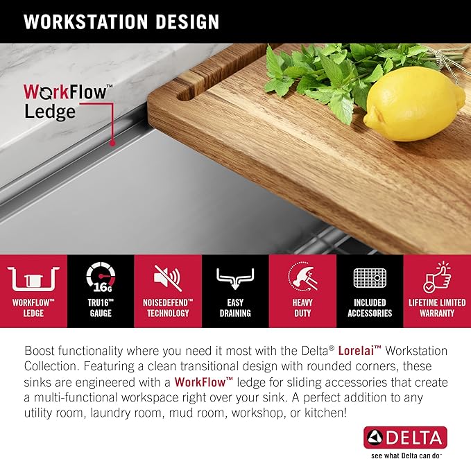 DELTA FAUCET Lorelai 24-inch Workstation Laundry Utility Kitchen Sink Undermount 16 Gauge Stainless Steel Single Bowl with WorkFlow Ledge and a Kit of 5 Accessories, 95B9132-24SL-SS