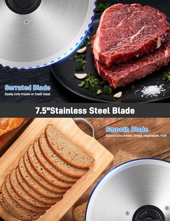 Meat Slicer, 200W Meat Slicer Machine for Home, DC Motor Quiet Deli Slicer with 2 Removable 7.5'' Stainless Steel Blades, Adjustable Dial for 0-15mm, Electric Food Slicer for Meat, Cheese, Bread