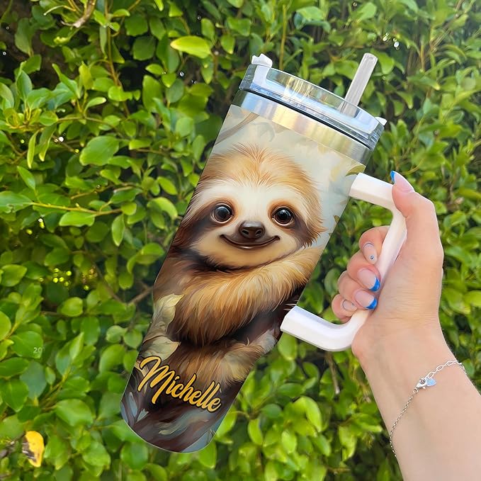 Personalized Sloth 40oz Tumbler with Handle and Straw Gifts for Animal Lovers, Sloth Lovers Cup for Women Girl, Cute Animal Birthday Christmas Gift, Custom Name Stainless Steel Travel Cup